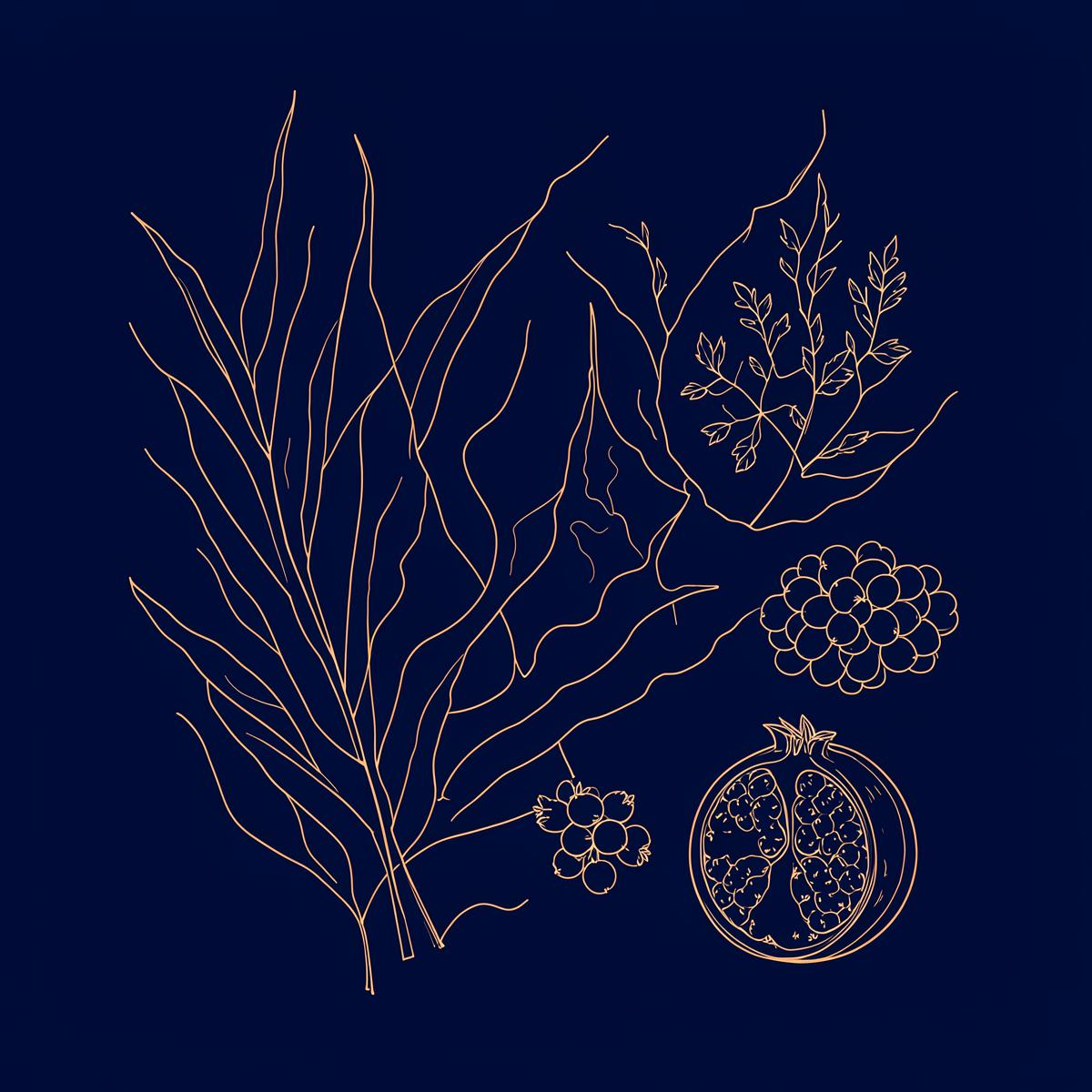 Line illustration of kelp fronds, saw palmetto berries and pomegranate representing the Prostadine formula
